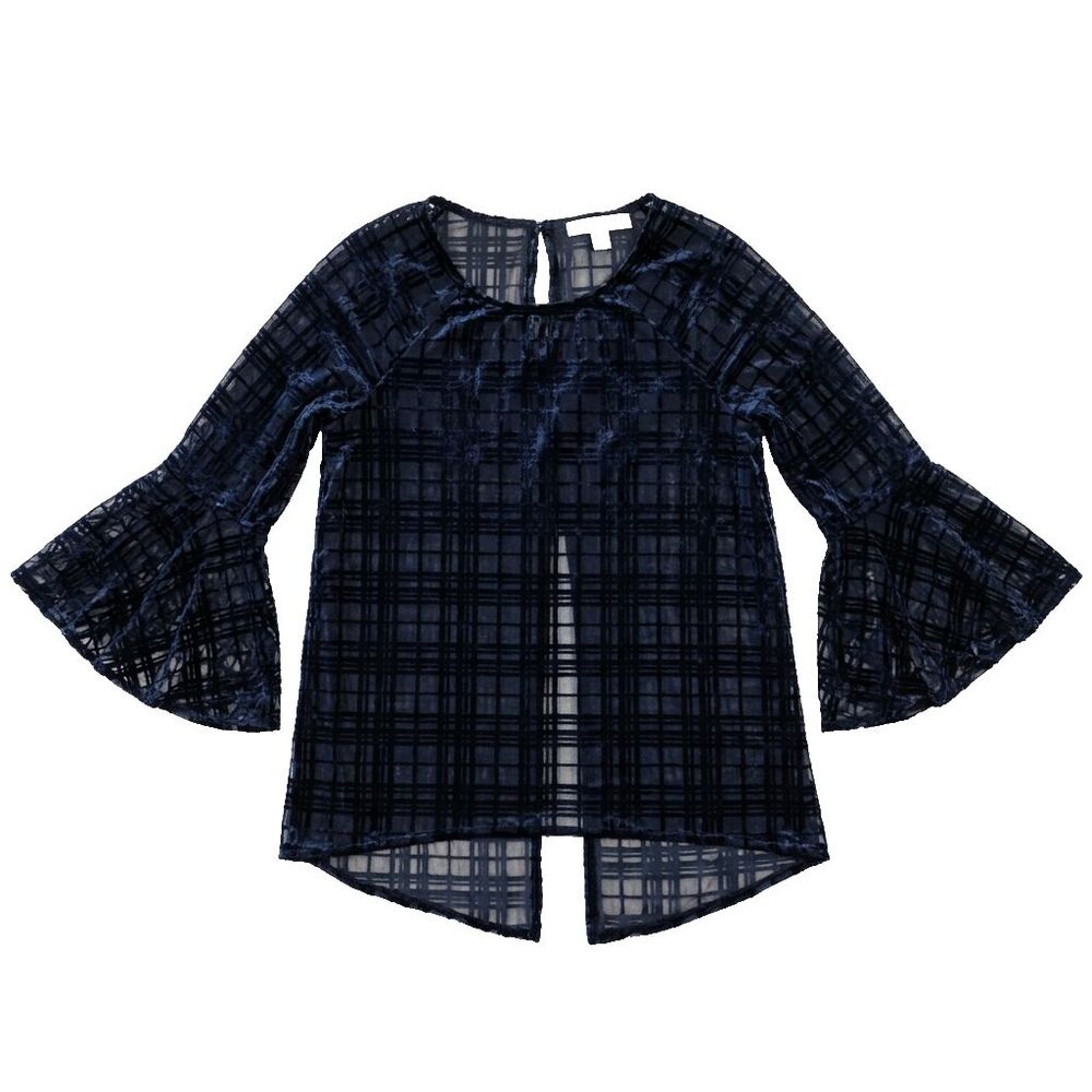Lauren Conrad Velvet Burnout Top Womens S Navy Slit Back Sheer Bell Sleeve Plaid